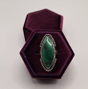 Sterling Silver Malachite Marquise Ring – Size 9 | 925 Natural Green Statement